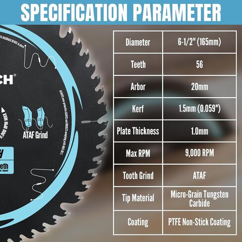 6-1/2" 56T 20mm ATAF Saw Blade for Track/Plunge, 1.5mm TCT Wood/MDF/Lam | Broad compatibility, no-sanding finish, saves wood & battery, extra wear-resistant, anti-stick smooth in Kuwait