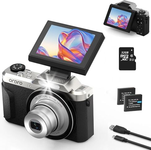 كاميرا ORDRO 4K الرقمية للتصوير الفوتوغرافي، وكاميرا تسجيل فيديو بدقة 64 ميجابكسل لمدونات الفيديو | تكبير بصري 6X | كاميرا فيديو ذات تركيز تلقائي | شاشة قابلة للطي مقاس 2.8 بوصة بزاوية 180 درجة | مستشعر CMOS مقاس 1/2.7 بوصة | بطاقة SD سعة 32 جيجابايت وبطا in Kuwait