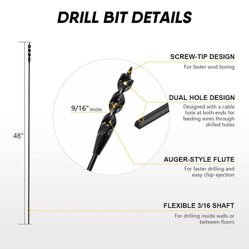 HUAALIUCHE 48" Flexible Installer Drill Bit for Pulling Wires in Walls, Ceilings, and Sidewalks, 9/16" Auger with Screw Point & Fish Eye, 3/16" 3-Flat Shank for Wood & Conduits in Saudi Arabia