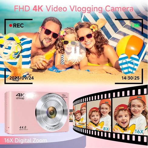 Digital Camera, FHD 4K 44MP Digital Camera with 64GB SD Card, Pink and DeepGreen in Saudi Arabia