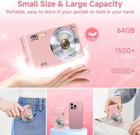Digital Camera, FHD 4K 44MP Digital Camera with 64GB SD Card, Pink and DeepGreen in Saudi Arabia