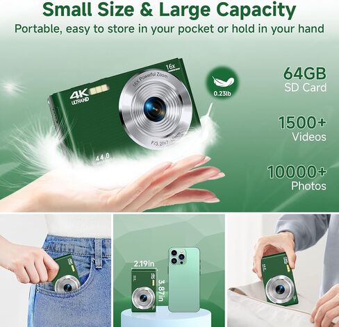 Digital Camera, FHD 4K 44MP Digital Camera with 64GB SD Card, Pink and DeepGreen in Saudi Arabia