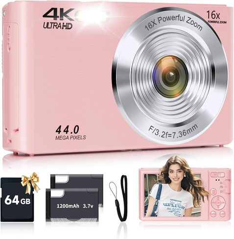 Digital Camera, FHD 4K 44MP Digital Camera with 64GB SD Card, Pink and DeepGreen in Saudi Arabia