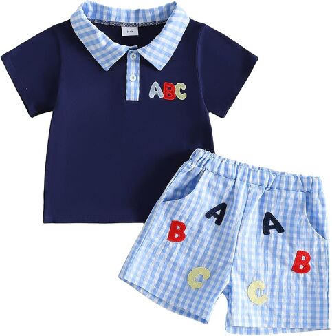 Kids Toddler Boy Girl Back To School Outfit Alphabet Embroidery Lapel Tops Plaid Shorts 2Pcs First Day Of School Set in Saudi Arabia