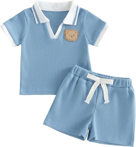 Yoawdats Toddler Baby Boy Clothes Button-Down Shirt Tops Cotton Rib Knit Shorts Set Cute Infant Boy Spring Summer Outfit in Kuwait