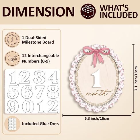 Wooden Baby Monthly Milestone Signs Coquette Vintage 1-24 Months | Newborn Girl Photography Props, Baby Shower Registry Gift, Infant Age Markers, Growth Tracker, Floral Pink Bow, Oval Shape in Kuwait