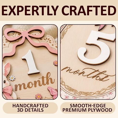 Wooden Baby Monthly Milestone Signs Coquette Vintage 1-24 Months | Newborn Girl Photography Props, Baby Shower Registry Gift, Infant Age Markers, Growth Tracker, Floral Pink Bow, Oval Shape in Kuwait