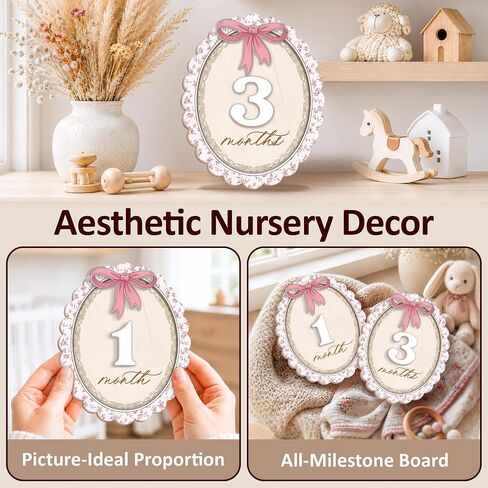 Wooden Baby Monthly Milestone Signs Coquette Vintage 1-24 Months | Newborn Girl Photography Props, Baby Shower Registry Gift, Infant Age Markers, Growth Tracker, Floral Pink Bow, Oval Shape in Kuwait