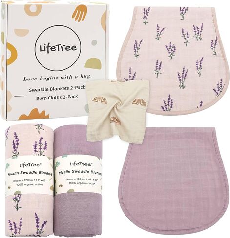LifeTree Baby Swaddle Blankets 2 Pack and Burp Cloths 2 Pack Set, Muslin Swaddling Wrap Receiving Blanket for Newborn, Organic Cotton, Large 47" x 47", Lavender and Mauve in Saudi Arabia