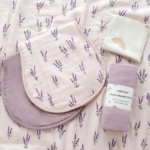 LifeTree Baby Swaddle Blankets 2 Pack and Burp Cloths 2 Pack Set, Muslin Swaddling Wrap Receiving Blanket for Newborn, Organic Cotton, Large 47" x 47", Lavender and Mauve in Saudi Arabia