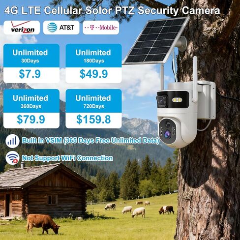 Dual Lens 4G Cellular Solar Security Camera,365 Days Free Unlimited Data | No WiFi Securty Camera Solar Powered, PTZ with 360°Auto Tracking,2K Color Night Vision,PIR Alarm,2-Way Audio in Kuwait