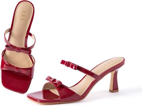 Women Bow Heeled Sandals Open Toe Comfort Cute Stability Heels | Slip-On Bow Decor, Glossy Patent Finish, Square Toe, Cushioned Insole, Slide Heel Sandals, Office Wedding Party in Kuwait