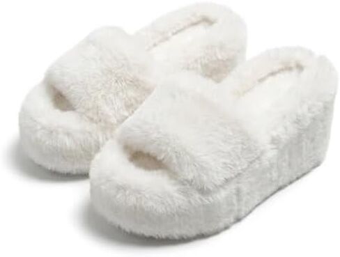 Women Fuzzy Faux Fur Platform Slippers Open Toe Slides | Comfortable indoor outdoor plush sandals, furry platform design, perfect winter/autumn home footwear in Saudi Arabia