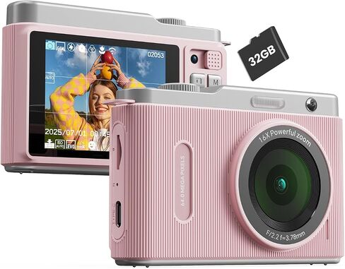 Digital Camera with Dual Lens Switching | Point and Shoot Camera with 32GB Card, Anti-Shake, Compact Portable Cameras for Teens Girls Boys Kids in Kuwait