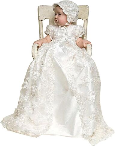 فساتين تعميد طويلة للأطفال من CAMDOM مكونة من 3 قطع من الدانتيل الأبيض مع غطاء محرك السيارة in Kuwait