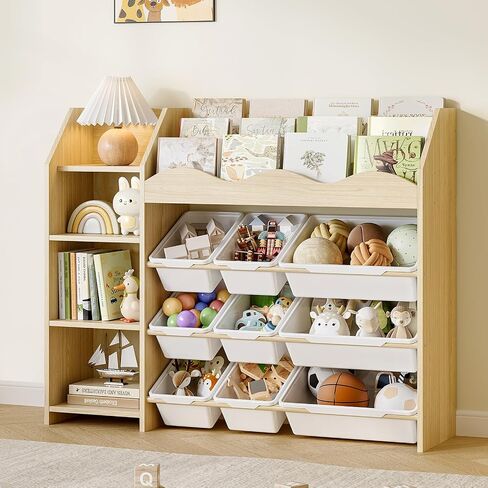 EXPERLAM Toy Storage Organizer, Scalloped Bookshelf, 4 Toy Shelves, 9 Bins | Scalloped top book display, 4-tier side shelves and removable bins for kids books, toys and playroom cleanup in Saudi Arabia