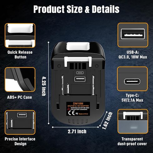 Battery Adapter for Makita 18V Cordless Tools, Converter with Type-C & USB A Fast Charging Port (Compatible with Dewalt 20V and for Milwaukee M18 Battery Work for Makita Tools) in Kuwait
