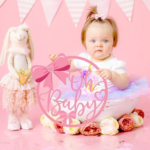 Pink Bow Wooden Welcome Sign for Girl, Baby Shower Decorations and Photo Props, Coquette Bow Welcome Sign for Shower Party and Gender Reveal Supplies (Oh Baby) in Kuwait