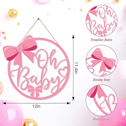 Pink Bow Wooden Welcome Sign for Girl, Baby Shower Decorations and Photo Props, Coquette Bow Welcome Sign for Shower Party and Gender Reveal Supplies (Oh Baby) in Kuwait