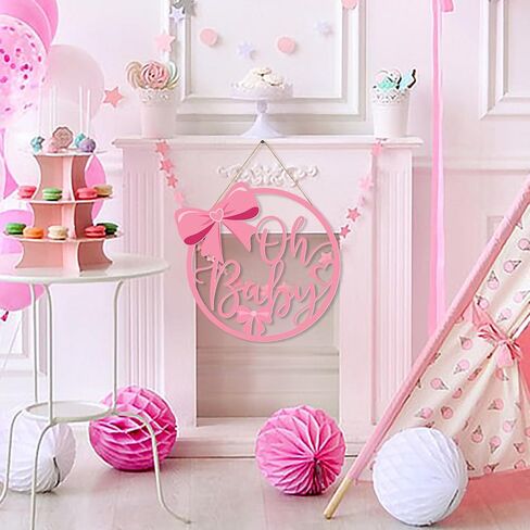 Pink Bow Wooden Welcome Sign for Girl, Baby Shower Decorations and Photo Props, Coquette Bow Welcome Sign for Shower Party and Gender Reveal Supplies (Oh Baby) in Kuwait
