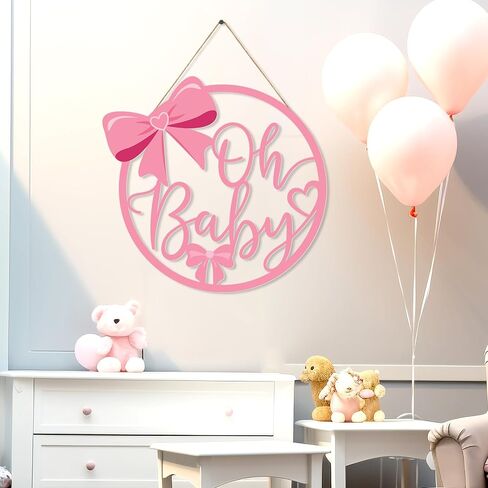 Pink Bow Wooden Welcome Sign for Girl, Baby Shower Decorations and Photo Props, Coquette Bow Welcome Sign for Shower Party and Gender Reveal Supplies (Oh Baby) in Kuwait