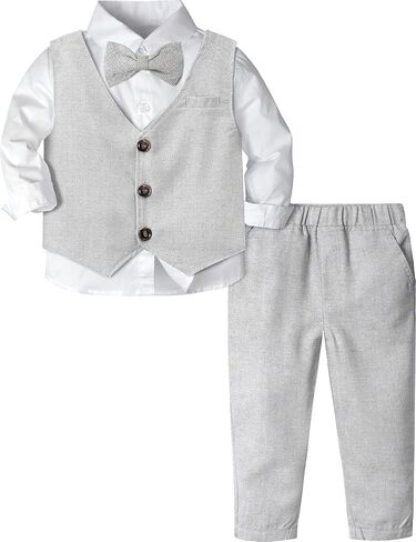 A&J DESIGN Baby Toddler Formal Suit 4pcs Vest, Shirt, Pants, Bow Tie 12M-5T | Complete Matching Set, Removable Bow Tie, Soft Inner Lining, Easy Styling, Skin-friendly, Ideal Gift, Fall Wedding, Easter in Saudi Arabia