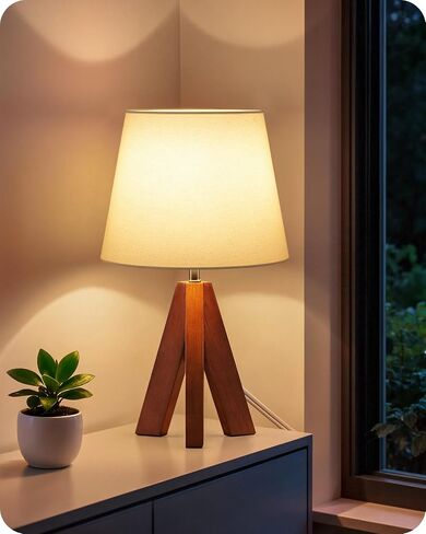 Tripod Table Lamp, 14.6 Inch Small Bedside Lamp with Beige Linen Shade, Modern Nightstand Lamp for Bedroom, Kids Room, Living Room, Nursery, Office, E26 Socket, Dark Wood Base, LE51TL05 in Saudi Arabia