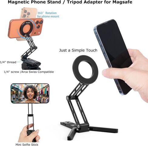 Ruittos for Magsafe Phone Stand & Tripod Adapter, Aluminum iPhone Mount with Arca-Swiss Base,1/4" Thread Foldable Desktop Stand & Selfie Stick Grip, Compatible with iPhone 17/16...Andriod in Saudi Arabia