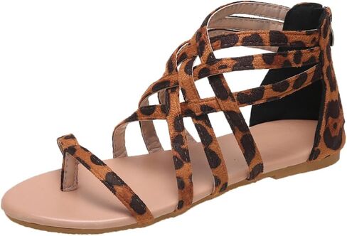 Women's Leopard Print Flat Gladiator Sandals Strappy Toe Ring Roman Summer Beach Shoes Casual Open Toe Back Zip Comfort in Kuwait