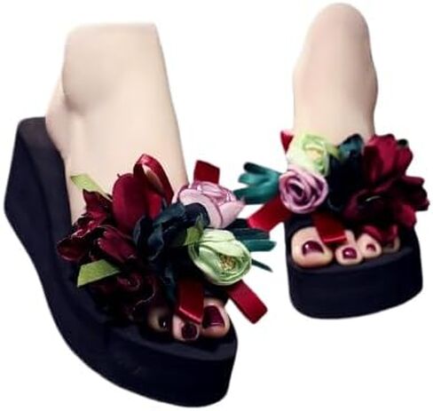 Women’s Floral Platform Wedge Slide Sandals, Open Toe Slip On Summer Beach Slides 5 Colors in Kuwait