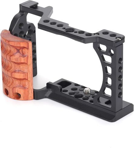 Camera Cage with Wood Handgrip Compatible for Sony Alpha A6000 A6100 A6300 A6400 Cameras with Cold Shoe,Handle Locating Holes,Multiple 1/4" 3/8" Screw Holes Photography Vlogging Shooting Rig in Saudi Arabia