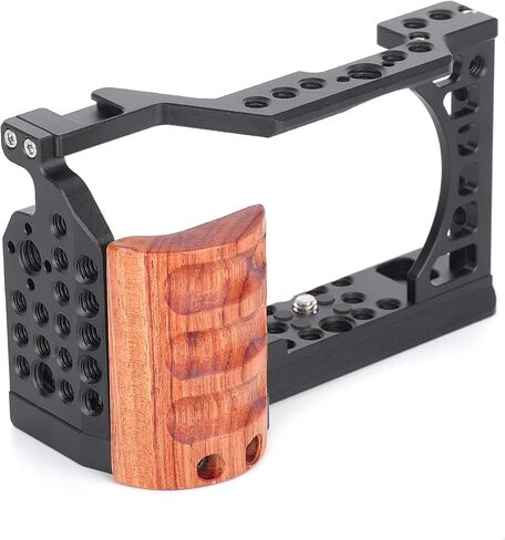 Camera Cage with Wood Handgrip Compatible for Sony Alpha A6000 A6100 A6300 A6400 Cameras with Cold Shoe,Handle Locating Holes,Multiple 1/4" 3/8" Screw Holes Photography Vlogging Shooting Rig in Saudi Arabia