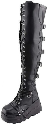 Women's Knee High Wedge Platform Boots with Chunky High Platform Heel Lace Up & Zipper Punk Goth Mid Calf Combat Boots Motorcycle Booties with Metal Buckles for Autumn Winter in Saudi Arabia