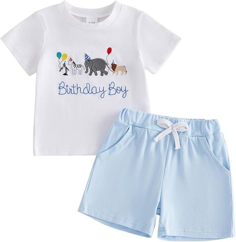Toddler Baby Boy Birthday Outfit Zoo Party Animal Birthday Boy T-Shirt Shorts Set 1st 2nd 3rd 4th Cake Smash Outfit in Kuwait