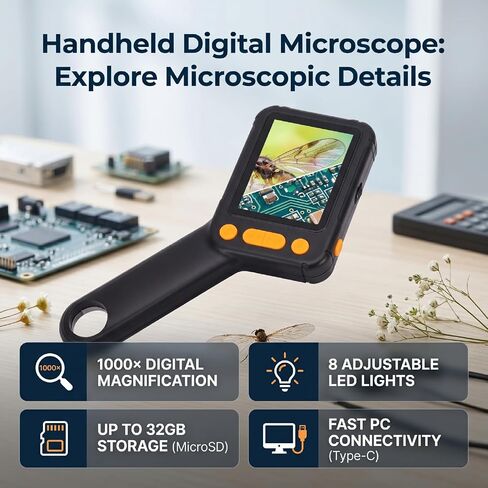 Handheld Digital Microscope, 1000X 2MP Pocket Microscope Camera Rechargeable with 2.8 Inch Screen and 8 LED Lights, for Science Education Exploration in Kuwait