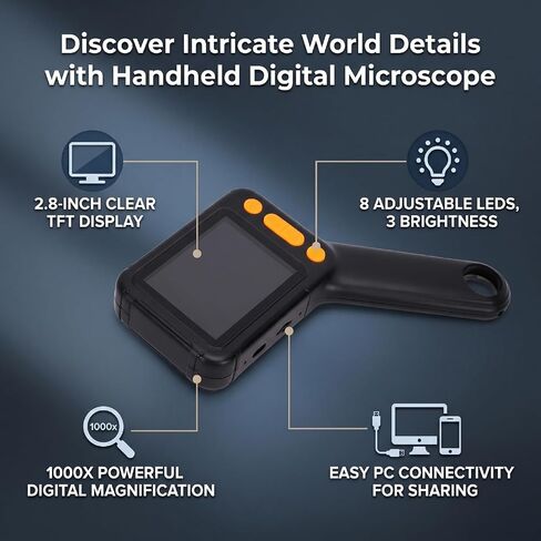 Handheld Digital Microscope, 1000X 2MP Pocket Microscope Camera Rechargeable with 2.8 Inch Screen and 8 LED Lights, for Science Education Exploration in Kuwait