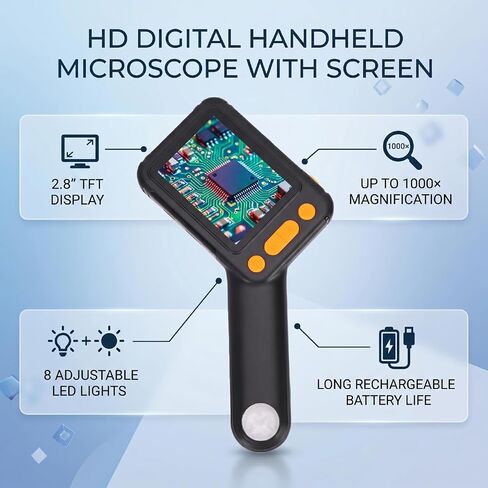 Handheld Digital Microscope, 1000X 2MP Pocket Microscope Camera Rechargeable with 2.8 Inch Screen and 8 LED Lights, for Science Education Exploration in Kuwait