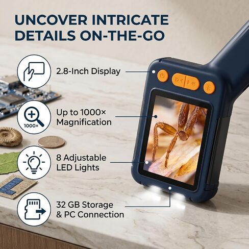 Handheld Digital Microscope, 1000X 2MP Pocket Microscope Camera Rechargeable with 2.8 Inch Screen and 8 LED Lights, for Science Education Exploration in Kuwait