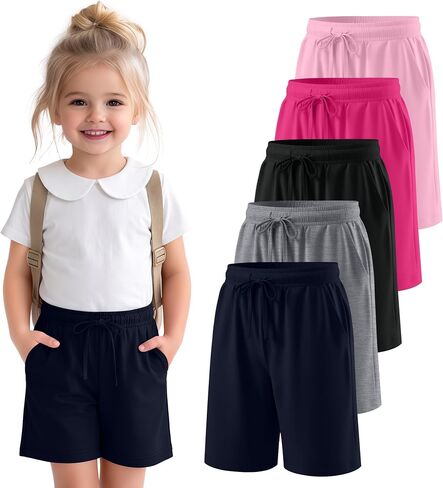 5 Pack Toddler Girls Bermuda Shorts | Summer loose fit, knee length baby sweatshorts, long toddler shorts, pockets, casual playwear, daily school style, 18M-5T in Saudi Arabia