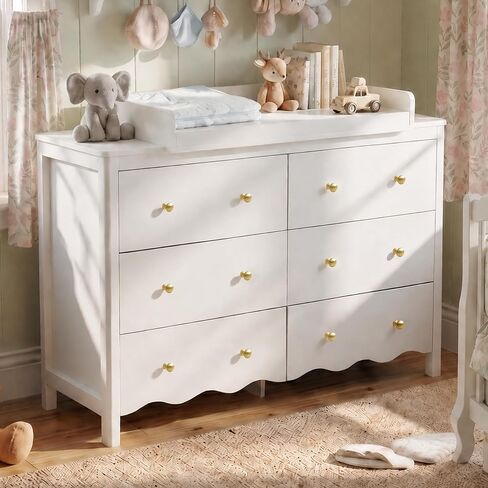 Nursery Dresser with Baby Changing Table White | Wooden Dresser Kids Dresser for Bedroom with 6 Drawer Dresser Baby Dresser Organizer Diaper Station in Kuwait