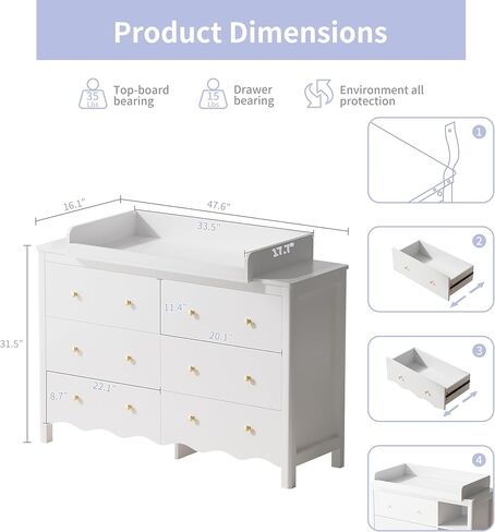 Nursery Dresser with Baby Changing Table White | Wooden Dresser Kids Dresser for Bedroom with 6 Drawer Dresser Baby Dresser Organizer Diaper Station in Kuwait