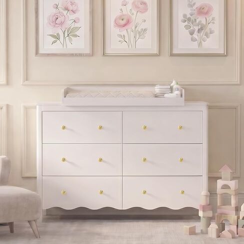 Nursery Dresser with Baby Changing Table White | Wooden Dresser Kids Dresser for Bedroom with 6 Drawer Dresser Baby Dresser Organizer Diaper Station in Kuwait