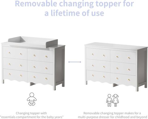 Nursery Dresser with Baby Changing Table White | Wooden Dresser Kids Dresser for Bedroom with 6 Drawer Dresser Baby Dresser Organizer Diaper Station in Kuwait