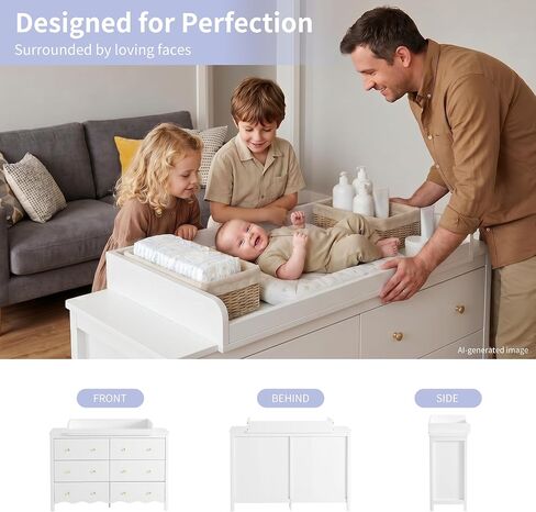 Nursery Dresser with Baby Changing Table White | Wooden Dresser Kids Dresser for Bedroom with 6 Drawer Dresser Baby Dresser Organizer Diaper Station in Kuwait
