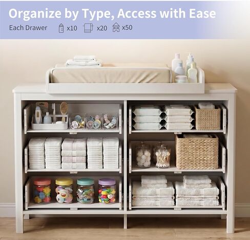 Nursery Dresser with Baby Changing Table White | Wooden Dresser Kids Dresser for Bedroom with 6 Drawer Dresser Baby Dresser Organizer Diaper Station in Kuwait