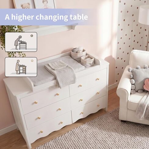 Nursery Dresser with Baby Changing Table White | Wooden Dresser Kids Dresser for Bedroom with 6 Drawer Dresser Baby Dresser Organizer Diaper Station in Kuwait