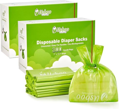 USBOO Disposable Diaper Bags, OXO-Biodegradable, 2 Pack / 600 Count | Multi-Purpose Diaper Sacks with Easy-Tie Handles for Pet Waste, Baby Diapers, Feminine Hygiene & Car Trash Use in Saudi Arabia