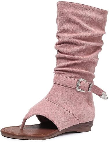 Women'S Suede Pleated Wedge Heel Mid Calf Sandal Boots with Belt Buckle Elegant Round Open Toe Flat Pull On Thong Sandals Casual Outdoor Everyday Y2K Summer Boot in Kuwait