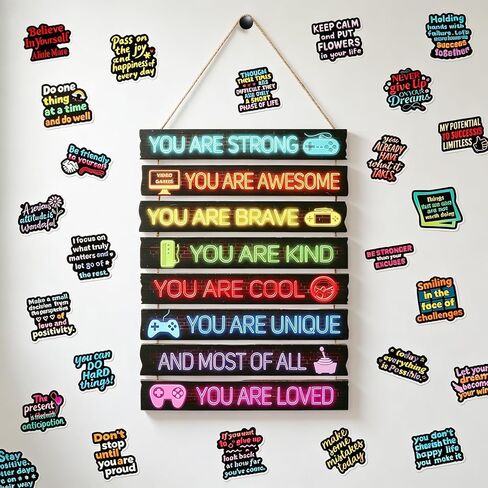 Game Room Decor for Boys, Wooden Wall Sign with Positive Affirmations & Gamer Icons, Bedroom Video Game Wall Art with Hanging Rope, Includes 56 Stickers for Console Setup in Saudi Arabia
