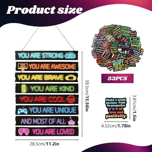 Game Room Decor for Boys, Wooden Wall Sign with Positive Affirmations & Gamer Icons, Bedroom Video Game Wall Art with Hanging Rope, Includes 56 Stickers for Console Setup in Saudi Arabia